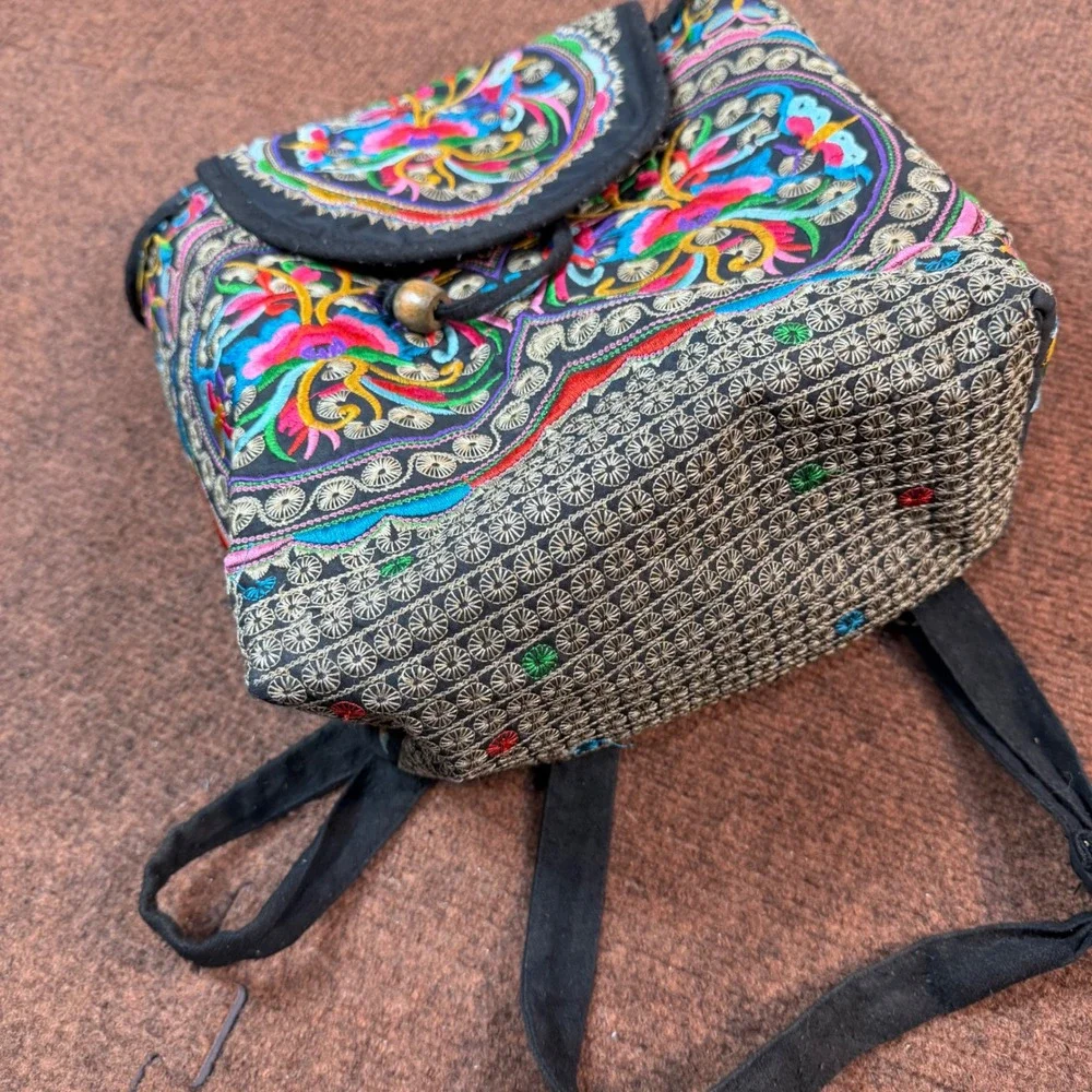 Boho Hmong Embroidered Backpack Floral Folk Art Canvas Drawstring Bag Black Mult